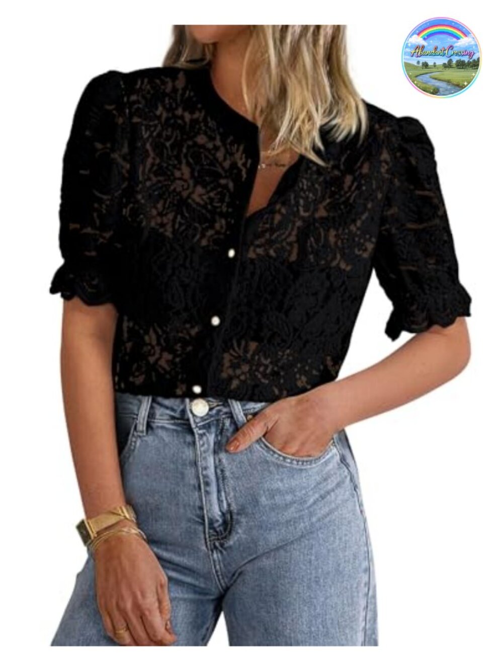 Women's Sheer Lace Puff Sleeve Button Down Blouse Lightweight Summer Shirt